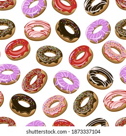 Donut pattern on a white background.Multicolored sweet donuts in a seamless pattern on a white background.