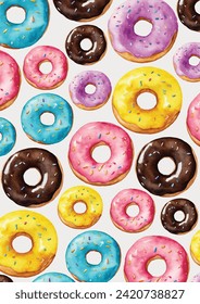 Donut Pattern Prit, Poster, Colorful Donut Set, Sweet food pattern