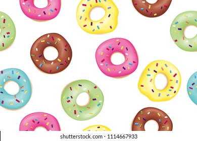 Donut. Pattern of sweet colorful donuts. Hand drawn design seamless pattern of donuts. Dessert, pastry, donuts design for menu, advertising, poster, banner of cafe, bakery, Vector Illustration