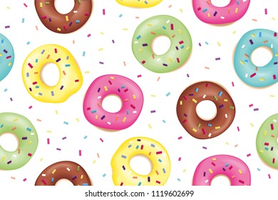 Donut. Pattern of sweet colorful donuts. Hand drawn design seamless pattern of donuts. Dessert, pastry, donuts design for menu, advertising, poster, banner of cafe, bakery, Vector Illustration