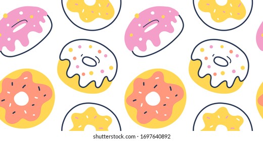 Donut pattern, various glazed donuts with sprinkle, seamless vector background, sugar fast food illustration, doodle drawing, fried dough dessert with fristed topping, hand drawn backdrop