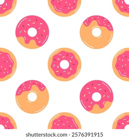 Donut pattern. Various glazed donuts with sprinkle, seamless vector background. Pink donuts with various sprinkles. Suitable for Valentine's day wallpaper, print, menu cover, bakery, wrapping paper