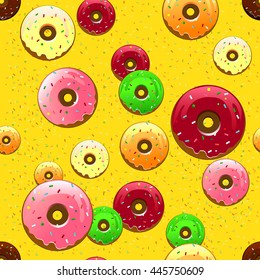 Donut pattern vector with crumbled candy on a bright yellow background.