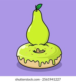 donut with pear flavor. donut and fruit combination icon. Food and drink concept icon isolated in flat cartoon style