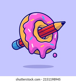 Donut And Pencil Cartoon Vector Icon Illustration. Food Object Icon Concept Isolated Premium Vector. Flat Cartoon Style