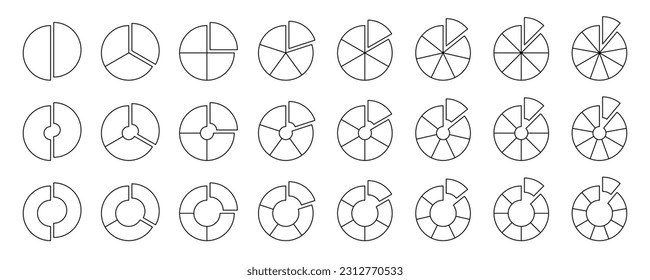 Donut and pie chart with cut slices. Wheel and circle diagrams with set. Outline sections collection. From 2 to 9 segments of infographic charts. Different phases and stages of cycle. Vector pack 