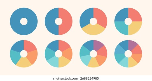 Donut or pie chart icon set. Wheel round diagram template. Segment slice graph. Multicolor radial chart. Business report data visualization