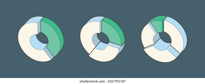 Donut, Pie Chart Icons, Isolated On Background. 3d, Isometric Diagram Vector Illustration.