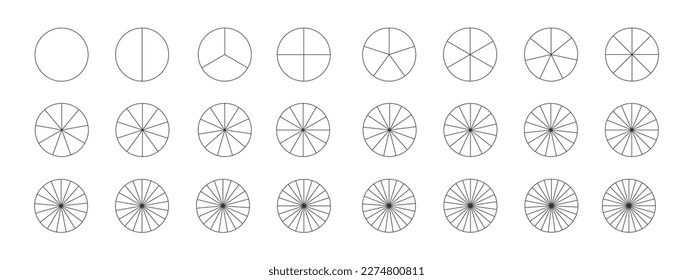 Donut or pie chart templates. Circle divides on equal parts from 2 to 24. Set of graphic wheel diagrams with sectors isolated on white background. Vector outline illustration