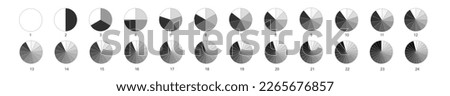 Donut or pie chart templates. Circle divides on 2, 3, 4, 5, 6, 7, 8, 9, 10, 11, 12, 13, 14, 15, 16, 17, 18, 19, 20, 21, 22, 23, 24 equal parts. Set of segmented wheel diagrams. Vector illustration.