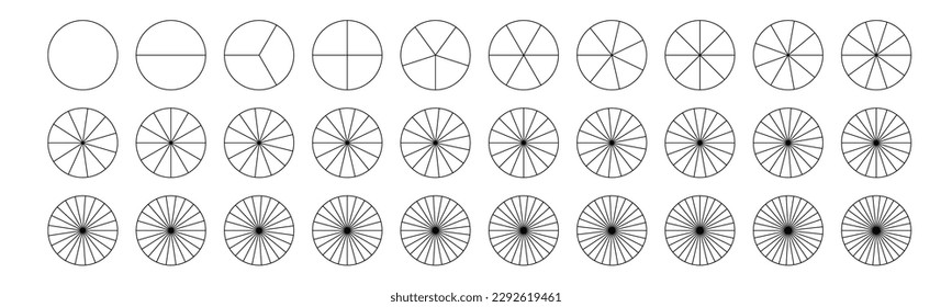 Plantillas de gráfico circular o sin formato.Dividir la tarta de fracción para matemáticas. Círculo con pedazos. Conjunto de segmentos. Geometría simple. Ilustración aislada del vector