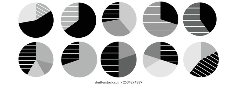 Donut or pie chart vector icon on white background . Statistics infographic sketch diagrams. Round shapes with hatched slices. pie chart or slice vector icon illustration eps 10.