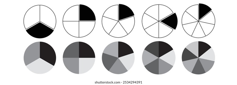 Donut or pie chart vector icon on white background . Statistics infographic sketch diagrams. Round shapes with hatched slices. pie chart or slice vector icon illustration eps 10.