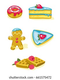 Donut, a piece of cake, gingerbread man, waffles