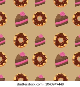 Donut and piece of cake painted on brown background in different colors, seamless pattern.