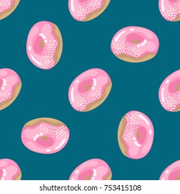 Donut pink bake, cake, dessert vector illustration. Sweet seamless pattern.