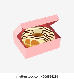 Donut in pink box isolated on white background. Flat vector stock illustration