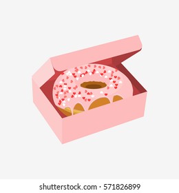 Donut in pink box isolated on white background. Flat vector stock illustration