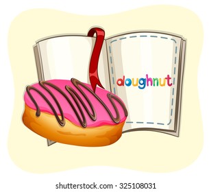 Donut with pink frosting and a book illustration