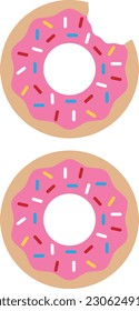 A donut with pink frosting and sprinkles flat vector illustration. Whole donut and donut with a bite.