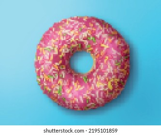 donut with pink glaze and colored sprinkles on blue backgroun. vector mosaic, pixel art