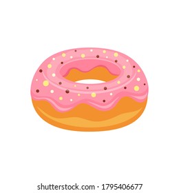 donut with pink glaze and colorful sprinkles isolated on white background, vector illustration
