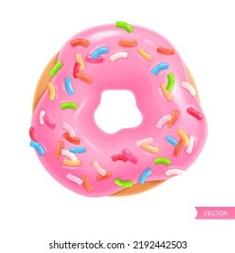 Donut with pink glaze and colorful sprinkles isolated on white background. Close-up of donut. Top view. Realistic vector illustration