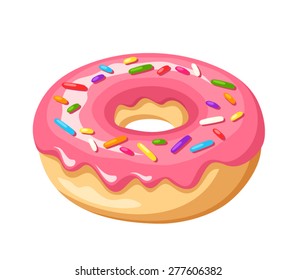 Donut with pink glaze and colorful sprinkles isolated on a white background. Vector illustration.