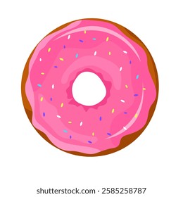 Donut with pink glaze and coloured sprinkles. Sweet pastries, dessert vector illustration of donut icon on white background