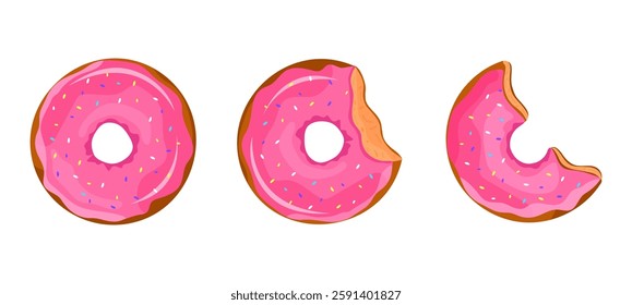 Donut with pink glaze and coloured sprinkles Whole, bitten off donut and half. Sweet pastry, dessert vector illustration donut icon on white background