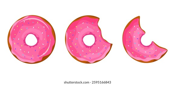Donut with pink glaze and coloured sprinkles Whole and bitten off donut. Sweet pastry, dessert vector illustration donut icon on white background