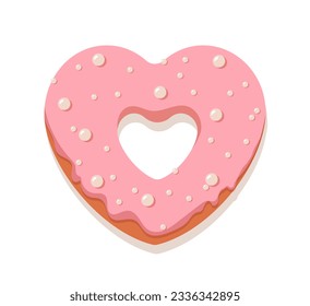 Donut in pink glaze concept. Pastry and bakery sweet product. Dessert and delicacy in heart shape. Template, layout and mock up. Cartoon flat vector illustration isolated on white background