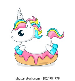 Donut with pink glaze and cute little unicorn. Vector illustration