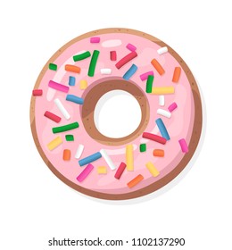Donut with pink glaze, doughnut with sprinkles isolated on white background. Cute Strawberry cake. Vector icon, illustration. Top view. Modern trendy design
