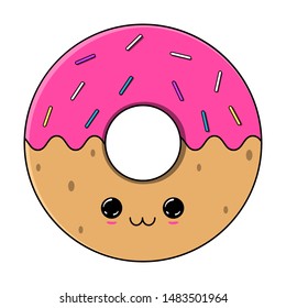 Donut with pink glaze isolated. Kawaii vector illustration. Sweet sugar icing donut. Funny, cute cartoon character for children. Coffee break time with strawberry glazing. 