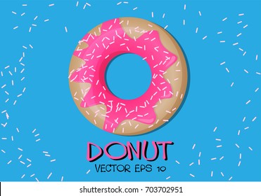 Donut pink glaze on blue vector illustration.