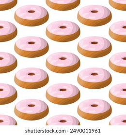 Donut with pink glaze. Round buttery sweet pastries decorated with pink pastry pamada. Delicious national American dessert. Seamless pattern. White background. 