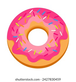 Donut with pink glaze and sprinkles. Bright donut for cafe, restaurant, sign, Vector illustration, isolated