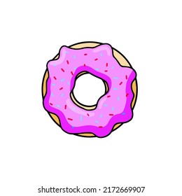 Donut with pink glaze. Sweet sugar dessert with icing. Outline cartoon illustration isolated on white background
