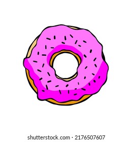 Donut with pink glaze. Sweet sugar dessert with icing. Outline cartoon illustration isolated on white background