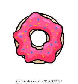 Donut with pink glaze. Sweet sugar dessert with icing. Outline cartoon illustration isolated on white background