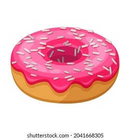 Donut in pink glaze with white sprinkles isolated on white background. Cartoon donut