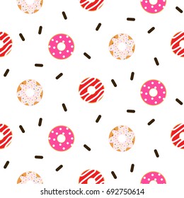 Donut pink glazed seamless vector pattern. Sweet bakery doughnuts with cream and chocolate sprinkles.