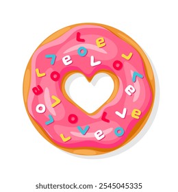 donut com forma de coração de vidro rosa e polvilhos LOVE. ícone Rosca, ilustração vetorial 