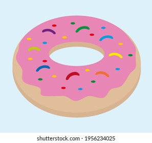 Donut with pink icing and colored donut sprinkle. On a light blue background. Food, dessert and sweets. Donut day.