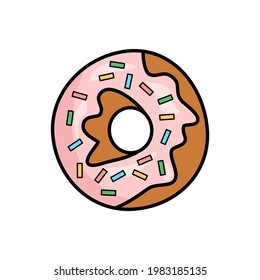 donut with pink icing and colored sprinkles. donut icon, black outline.  vector illustration in flat style