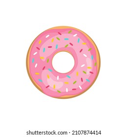 Donut with pink icing and colored sprinkles. Vector illustration isolated on white background