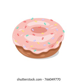 Donut with pink icing and colored sugar. Vector clipart