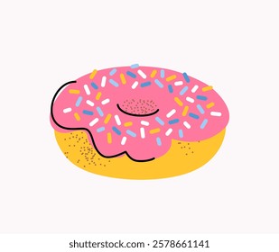 Donut with pink icing and colorful confectionery sprinkles on light background, cute hand drawn illustration, drawing, flat style