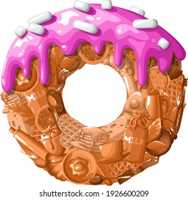 Donut. A donut with pink icing consisting of different food elements with morning theme.